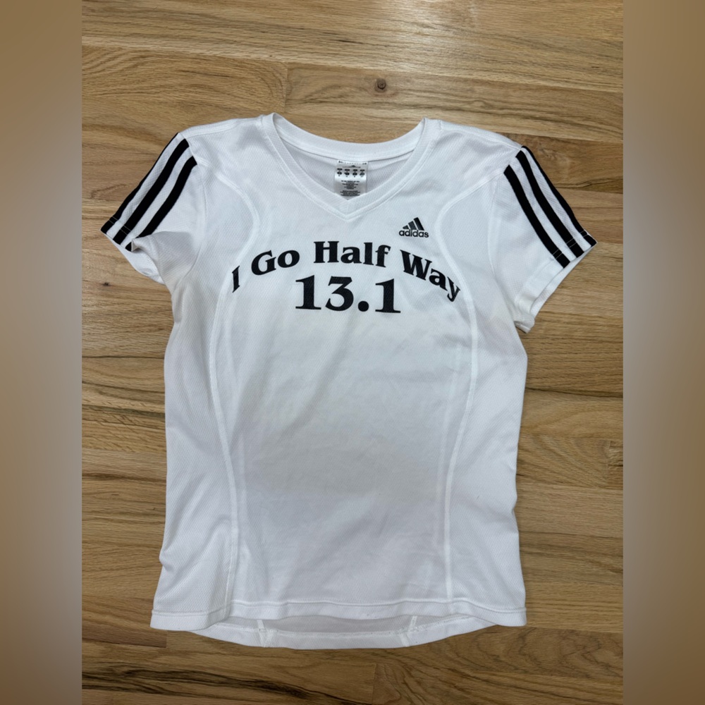 Adidas Half Marathon White Tee with Black Stripes